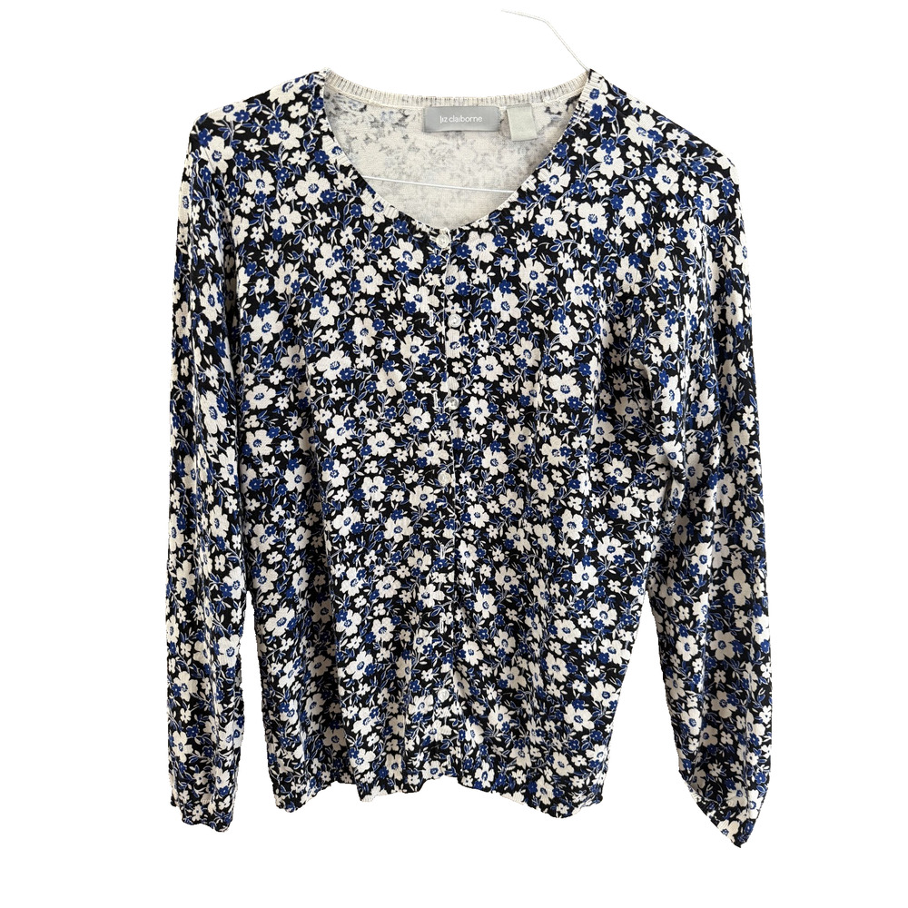 Liz Claibborne Womens M Navy/White Floral Cardigan Lightweight Easter Travel